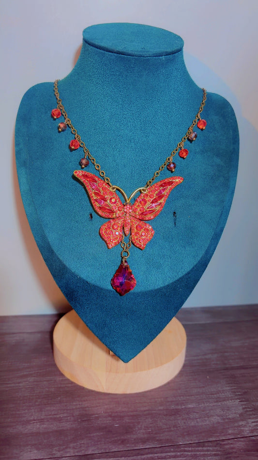 Handmade red rhinestone butterfly necklace