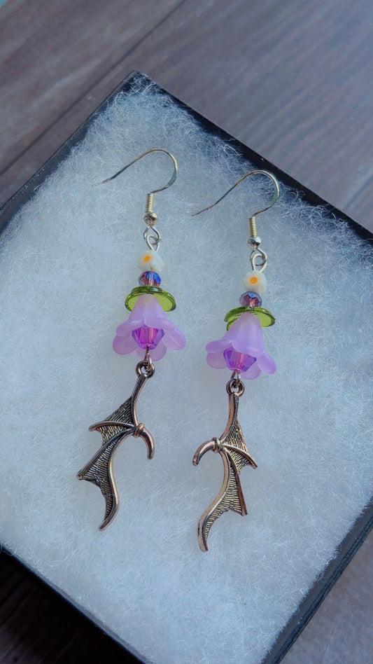 Handmade bell flower and bat wing earrings