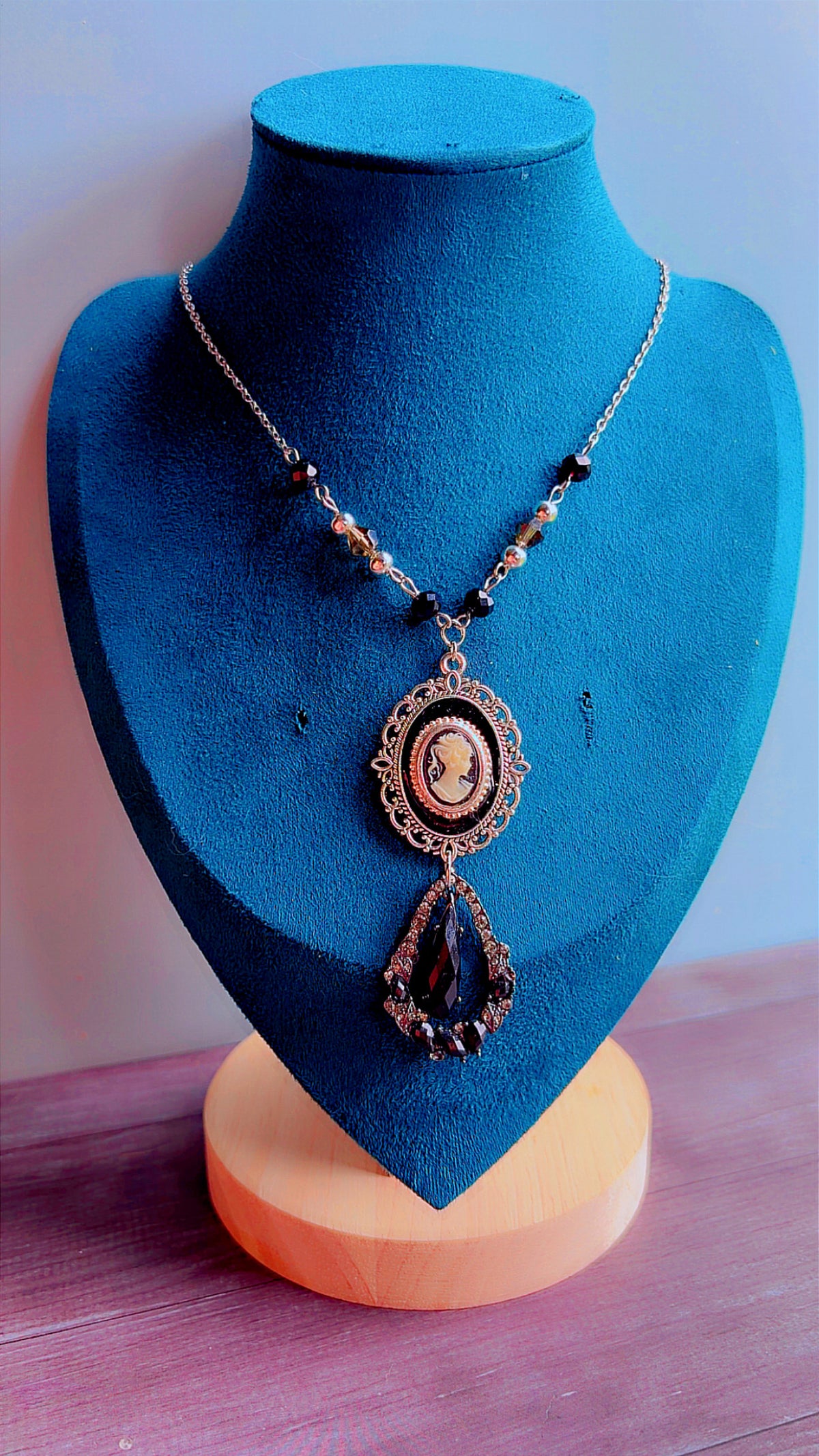 Handmade cameo and rhinestone necklace