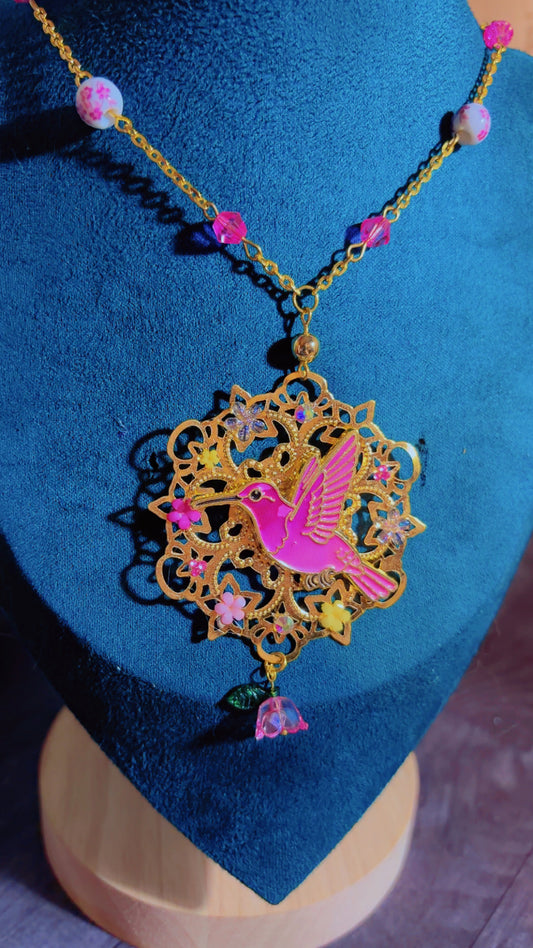 Handmade pink humming bird necklace