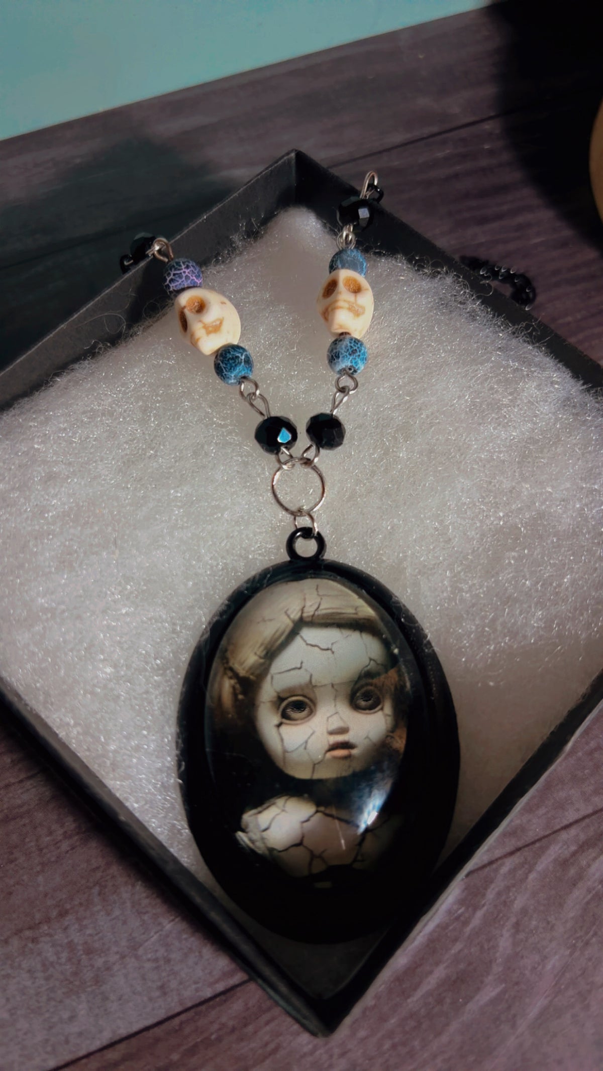 Handmade vintage cracked doll cameo necklace