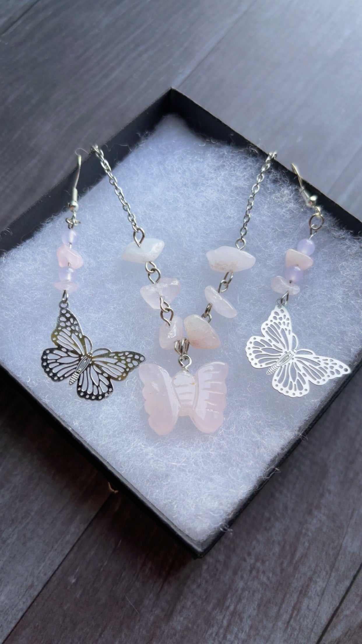 Handmade butterfly rose quartz gemstone set