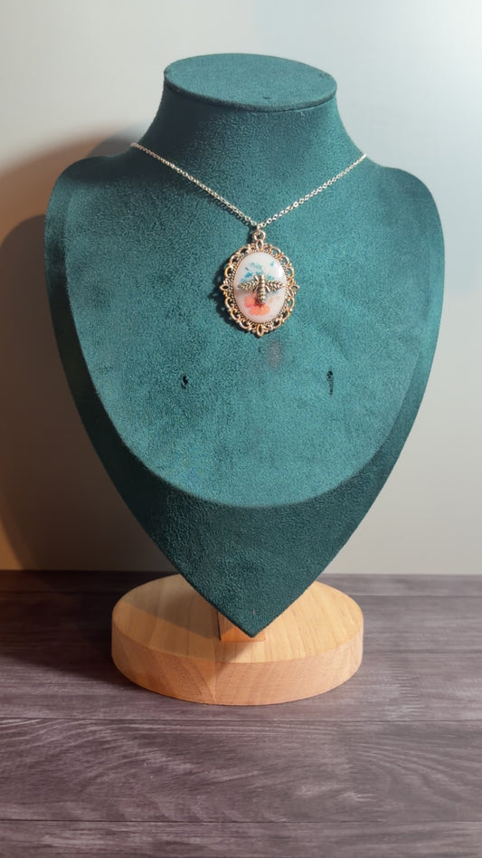 Handmade bee cameo necklace with dried florals