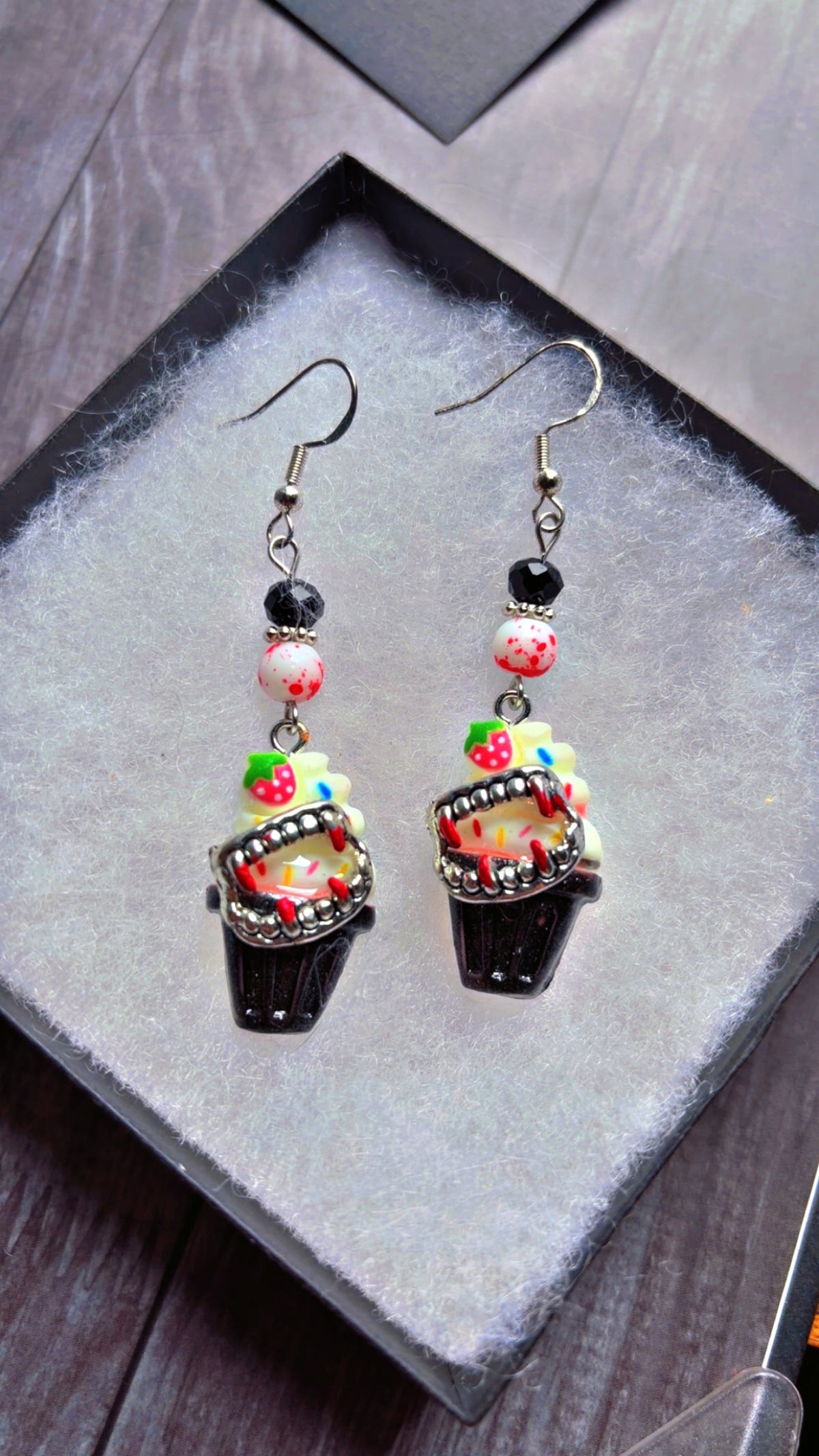 Handmade strawberry vampire sundae earrings