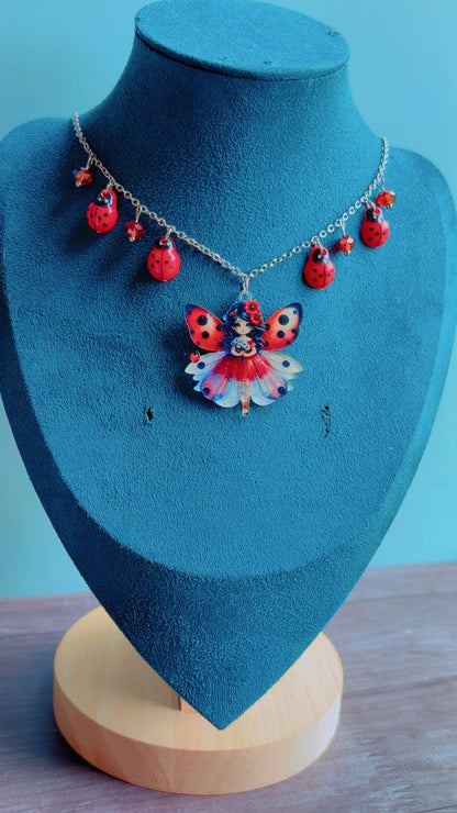 Handmade ladybug fairy necklace