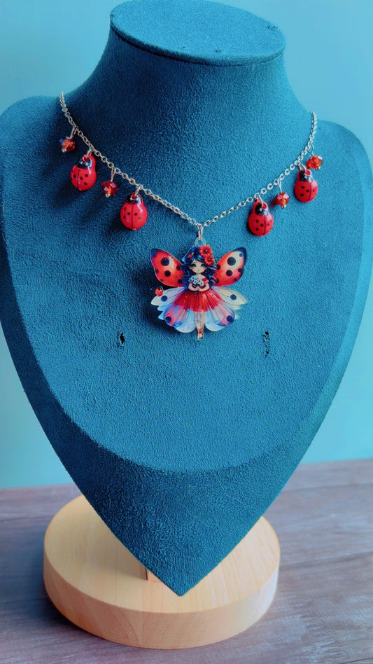 Handmade ladybug fairy necklace