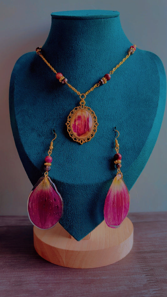 Handmade purple dahlia petal necklace & earrings set