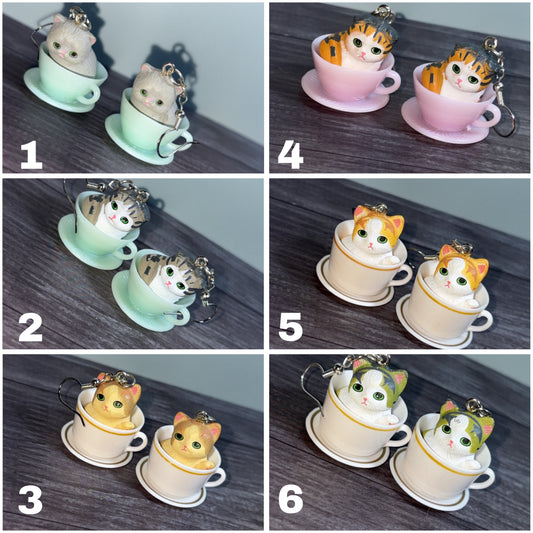 Handmade teacup kitty earrings