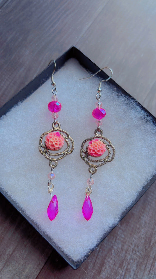 Handmade pink rose earrings