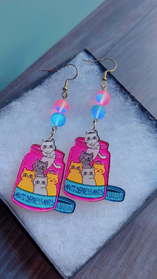 Handmade anti depressant cat earrings