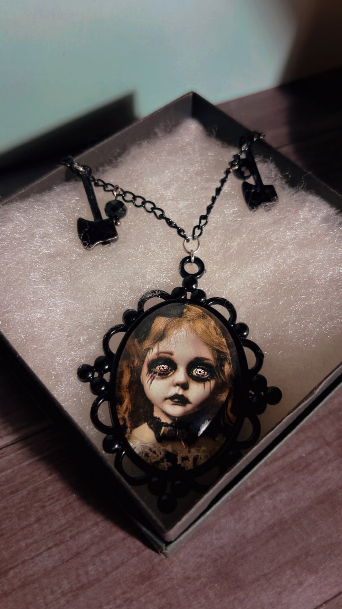 Handmade creepy doll/child cameo necklace