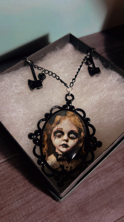 Handmade creepy doll/child cameo necklace