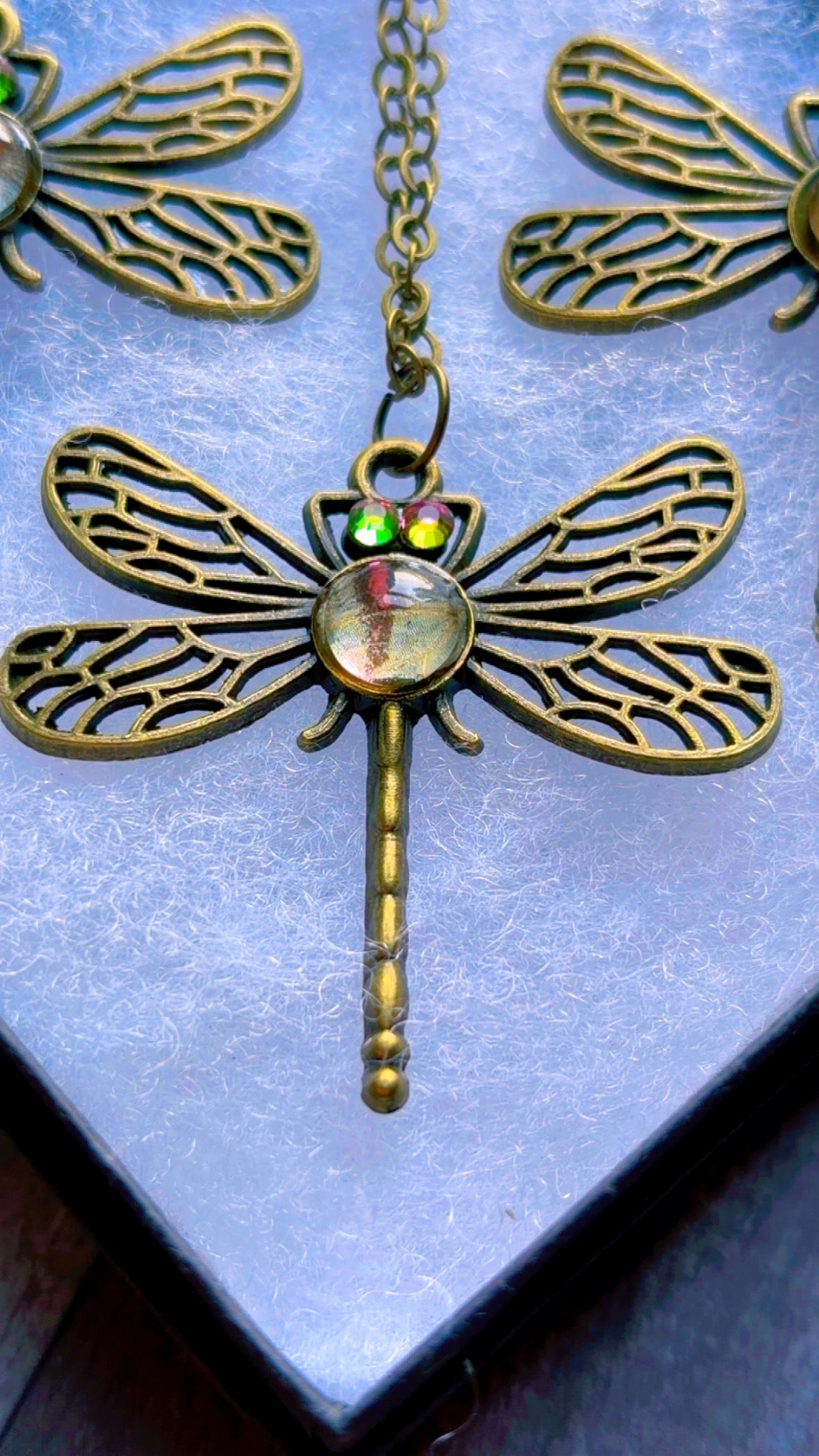 Handmade dragonfly set with real butterfly wing gem.