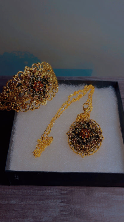 Handmade rhinestone cuff and cameo necklace set