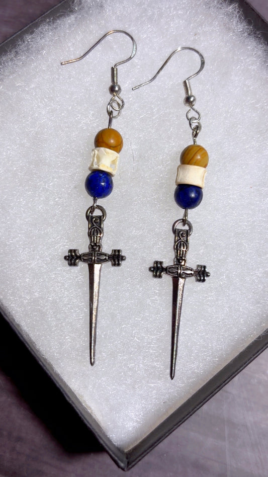 Handmade shark vertebrae sword earrings