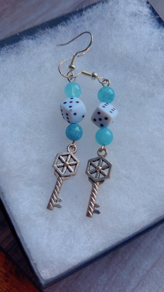 Handmade dice and key earrings