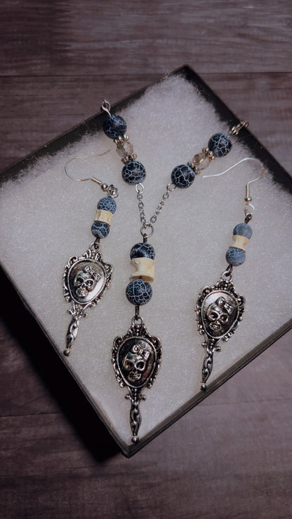 Handmade skull mirror set with shark vertebrae