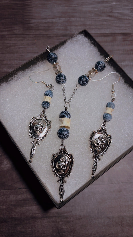 Handmade skull mirror set with shark vertebrae