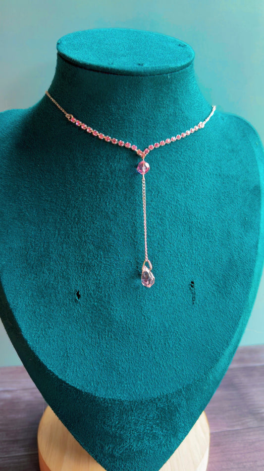 Super dainty pink rhinestone Y drop necklace