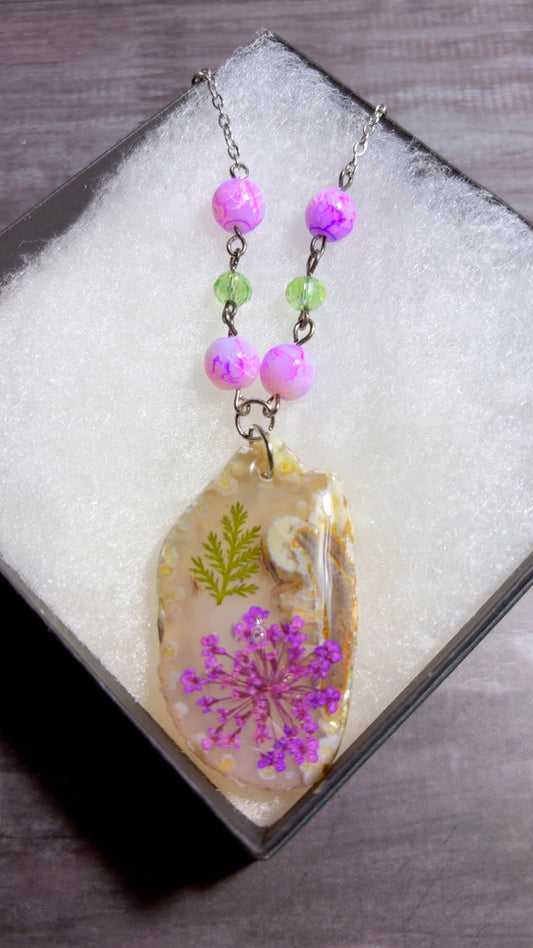 Handmade agate slice necklace with real dried florals