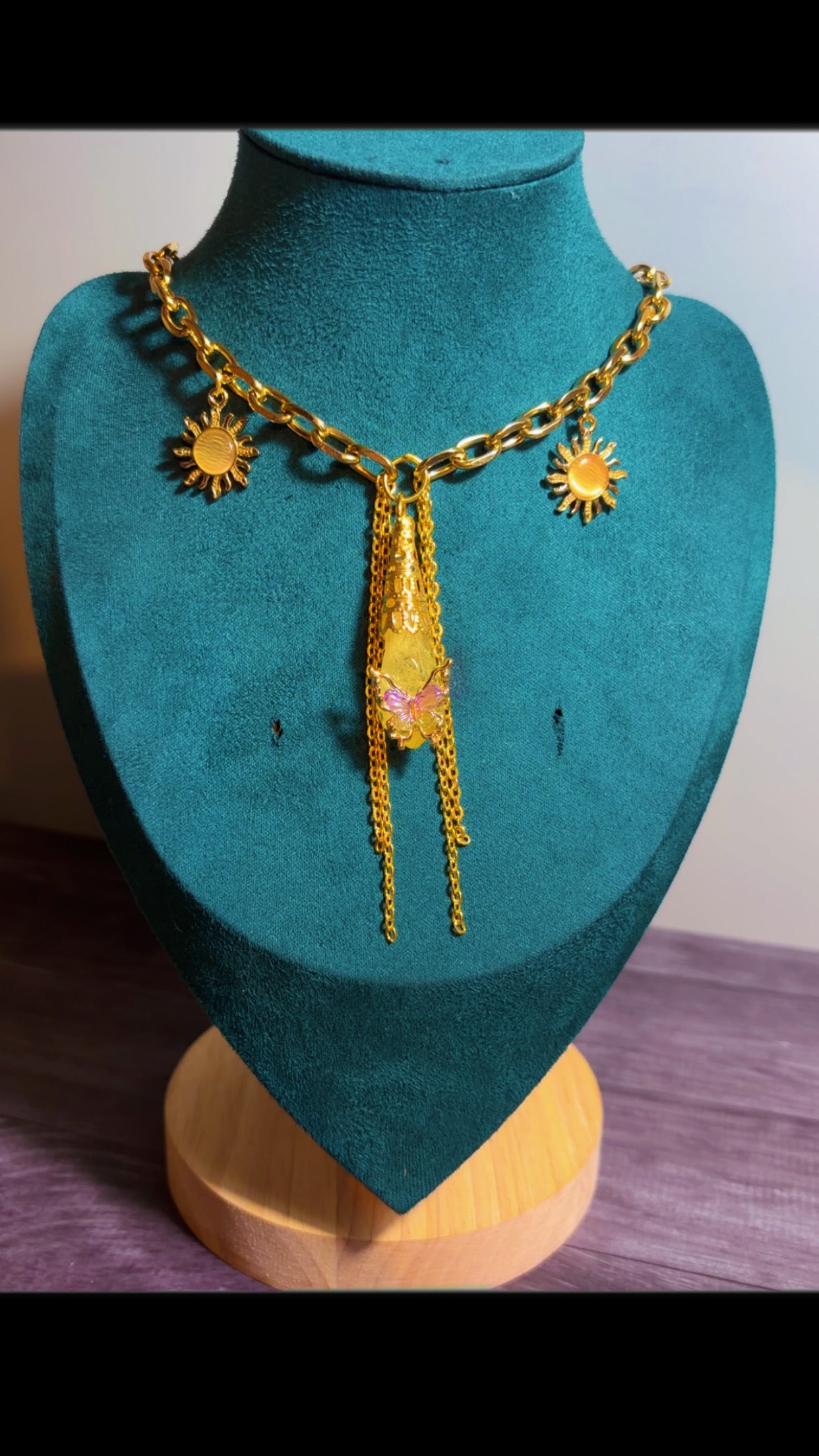 Handmade dyed quartz butterfly necklace