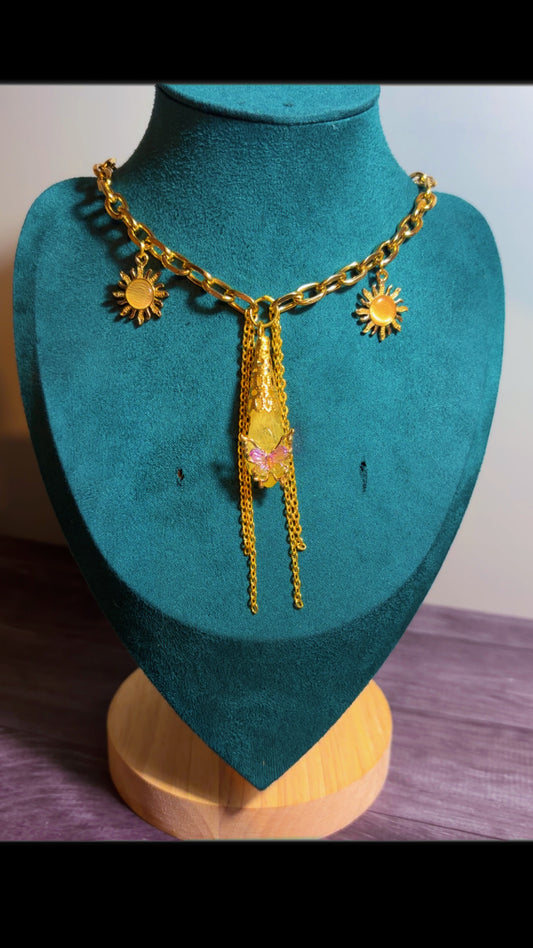 Handmade dyed quartz butterfly necklace