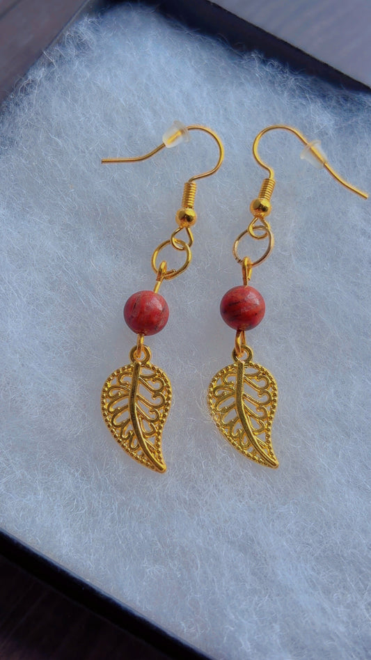 Handmade earrings with leaves and red jasper