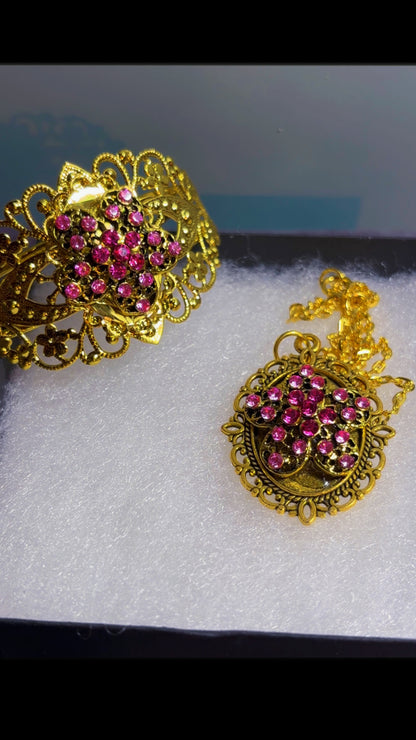 Handmade rhinestone cuff and cameo necklace set