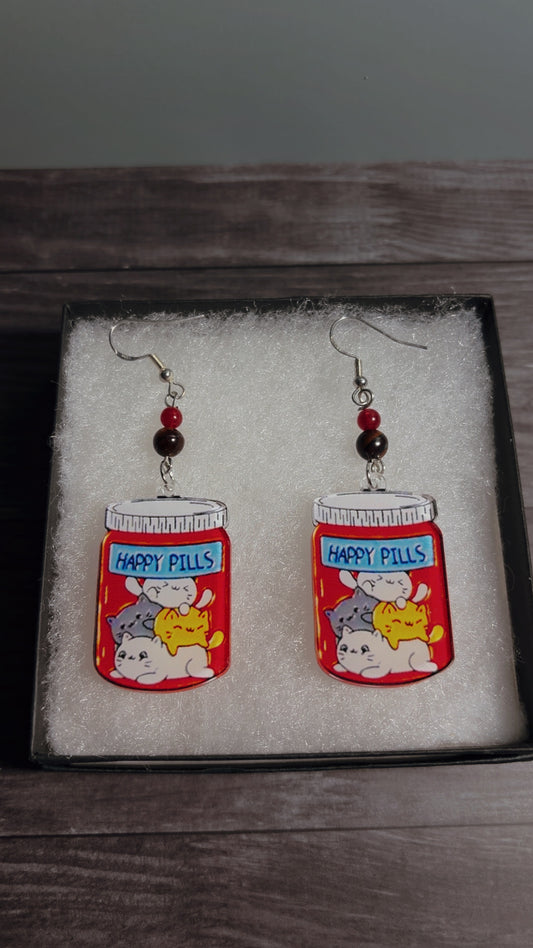 Handmade happy pills cat earrings
