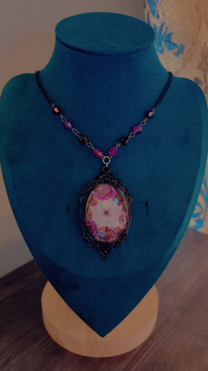 Handmade spider and rose cameo necklace