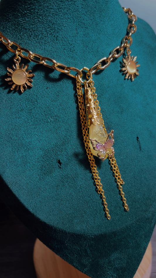 Handmade dyed quartz butterfly necklace