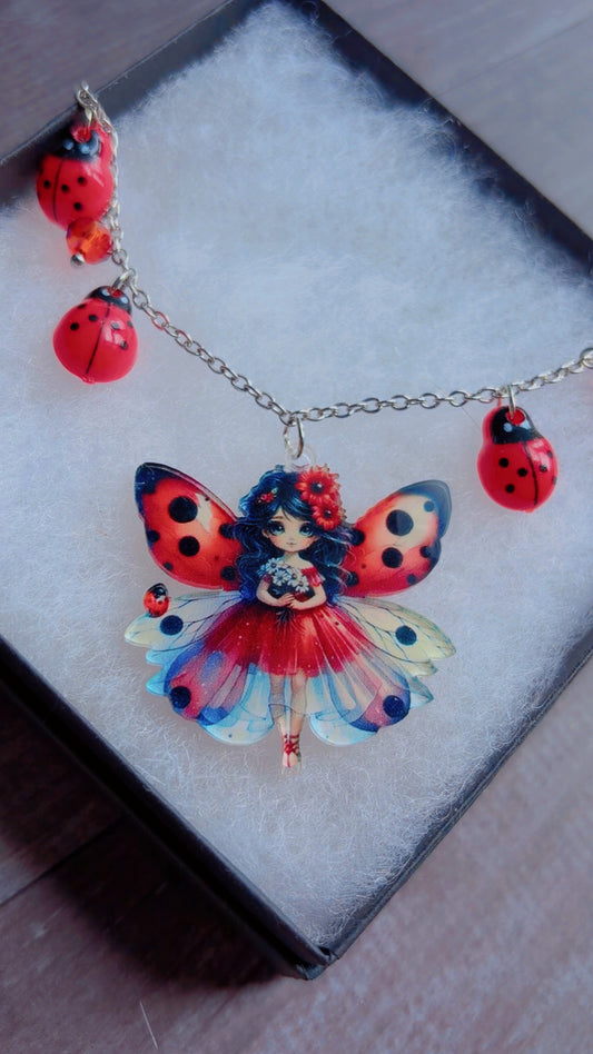 Handmade ladybug fairy necklace
