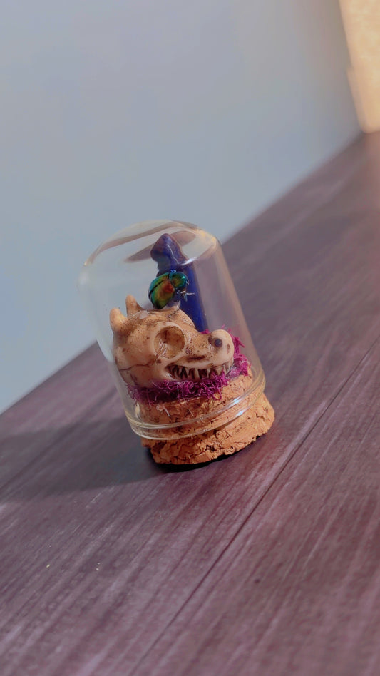 Handmade tiny dome with faux dragon skull, beetle, and lapis lazuli crystal tower