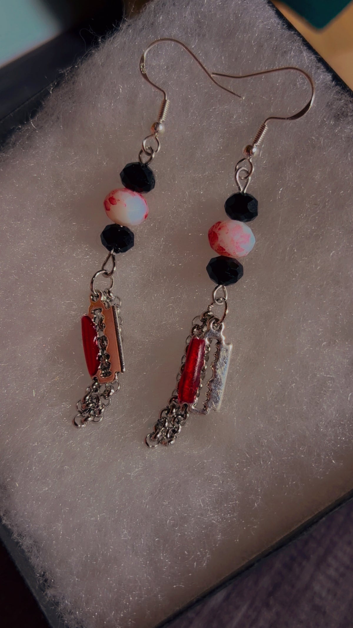 Handmade horror razor blade earrings