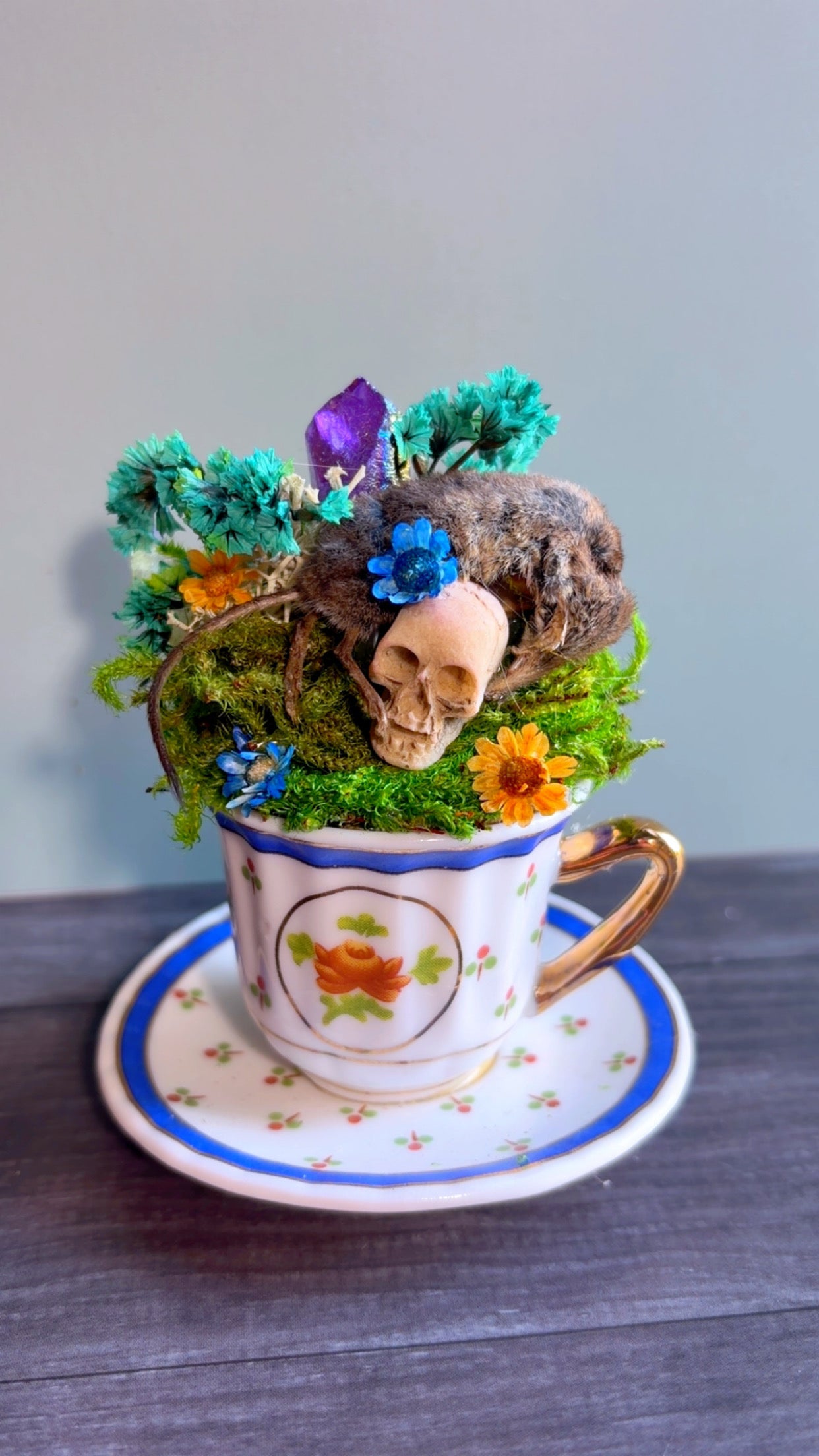 Handmade woodland shrew mini teacup decor