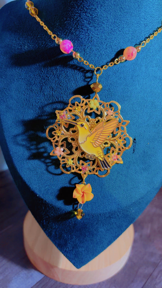 Handmade yellow humming bird necklace