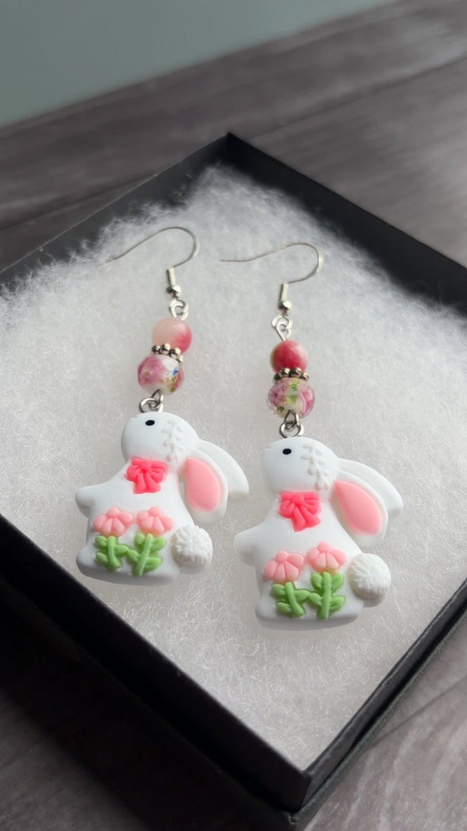 Handmade white bunny earrings