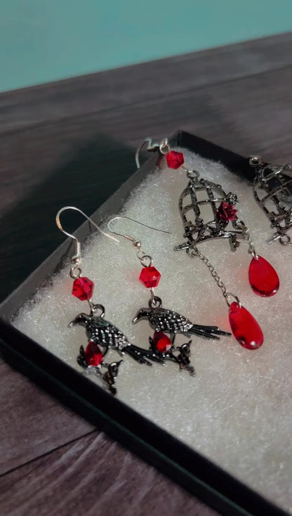 Handmade crow & bird cage earrings