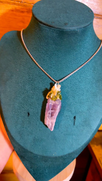 Handmade Lepidolite Crystal and mink vertebrae necklace