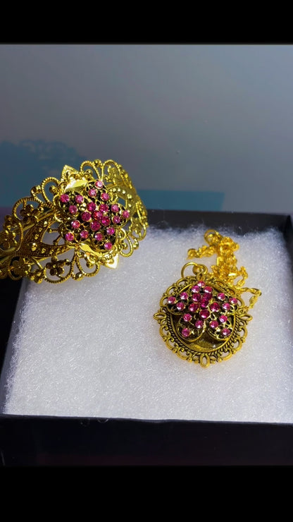Handmade rhinestone cuff and cameo necklace set