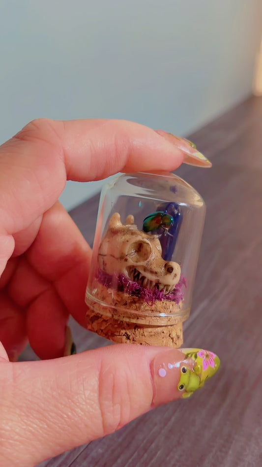 Handmade tiny dome with faux dragon skull, beetle, and lapis lazuli crystal tower