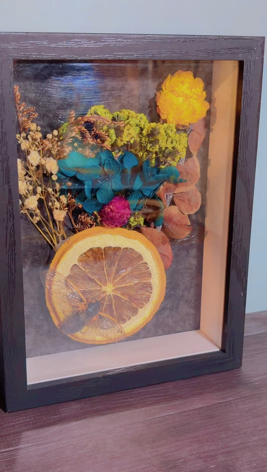 Handmade framed art with a cicada specimen