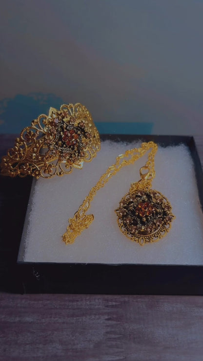 Handmade rhinestone cuff and cameo necklace set