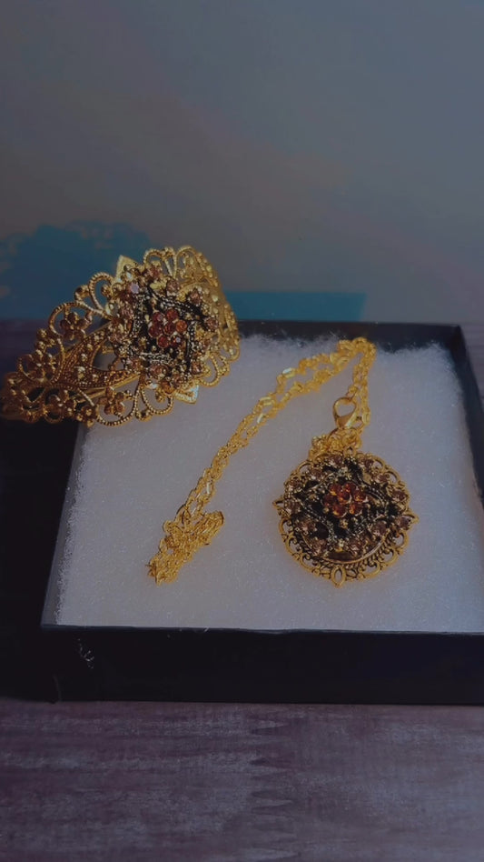Handmade rhinestone cuff and cameo necklace set