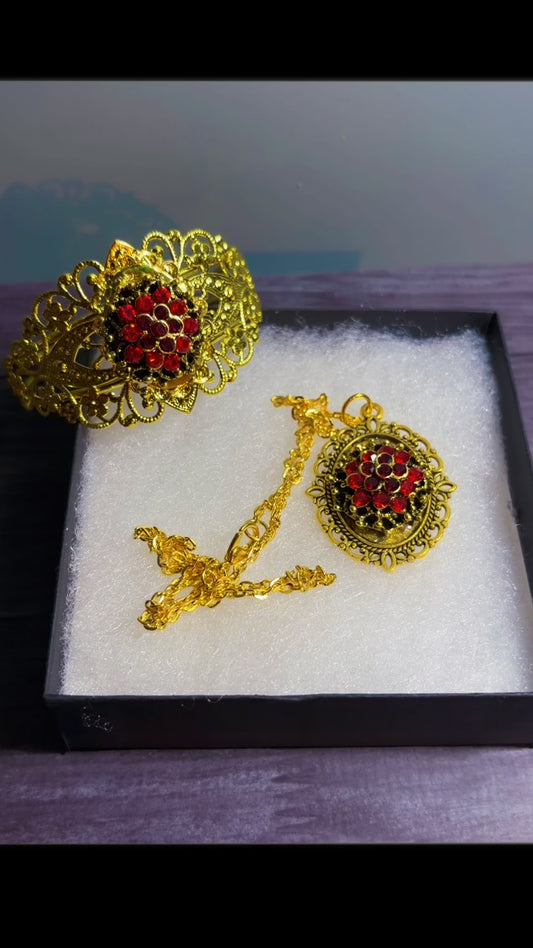 Handmade rhinestone cuff and cameo necklace set