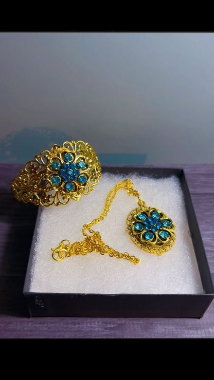 Handmade rhinestone cuff and cameo necklace set