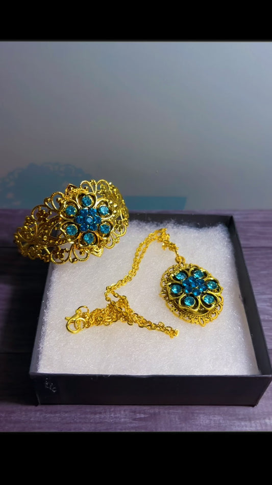 Handmade rhinestone cuff and cameo necklace set